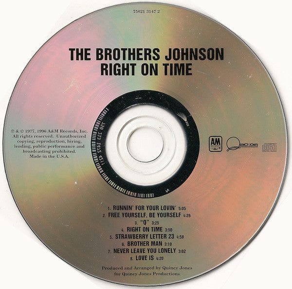 The Brothers Johnson* - Right On Time (CD) A&M Records CD 075021314726