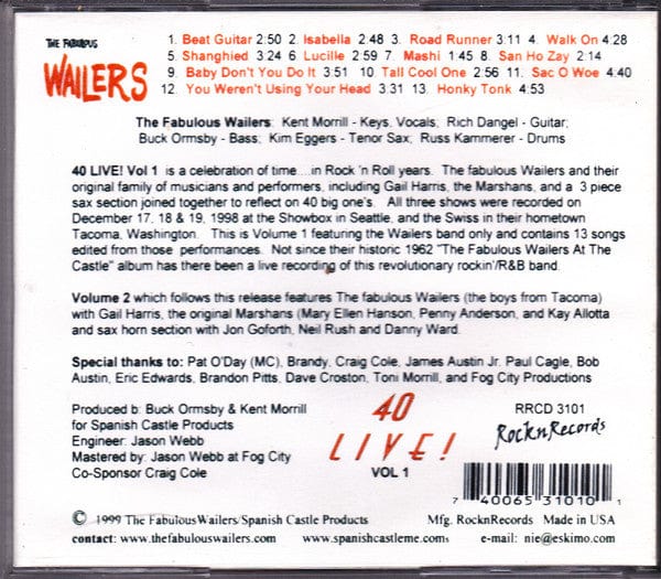 The Fabulous Wailers – 40 Live!  Volume One (CD, RocknRecords, 1999) Image 4