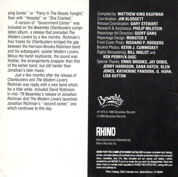 The Modern Lovers - The Modern Lovers (CD) Beserkley,Rhino Records (2) CD 081227009120