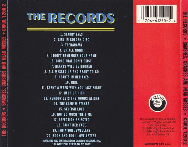 The Records - Smashes, Crashes And Near Misses (CD) Caroline Blue Plate CD 017046125024