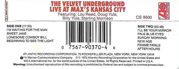 The Velvet Underground - Live At Max's Kansas City (Cassette) Atlantic Cassette 075679037046