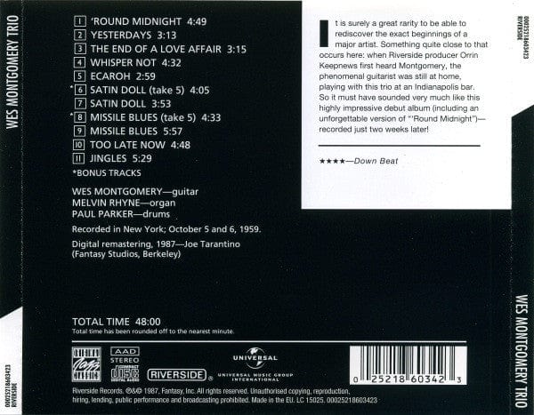 The Wes Montgomery Trio - A Dynamic New Sound: Guitar/Organ/Drums (CD) Original Jazz Classics, Riverside Records CD 025218603423