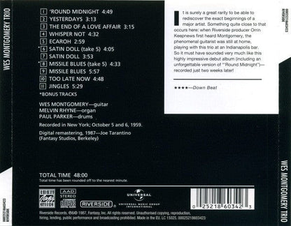 The Wes Montgomery Trio - A Dynamic New Sound: Guitar/Organ/Drums (CD) Original Jazz Classics, Riverside Records CD 025218603423