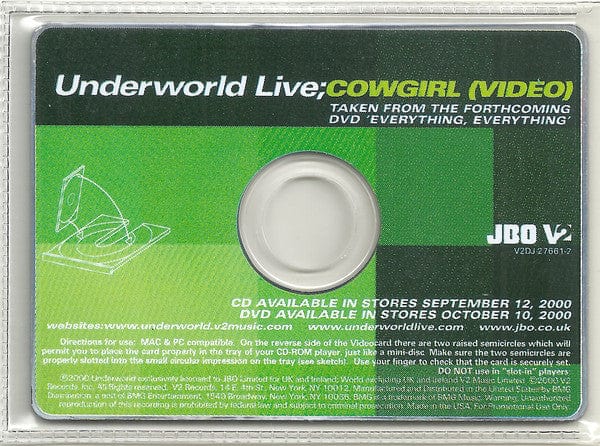 Underworld Live* - Cowgirl (Video) (CD-ROM, B/card, Promo) on V2, JBO at Further Records