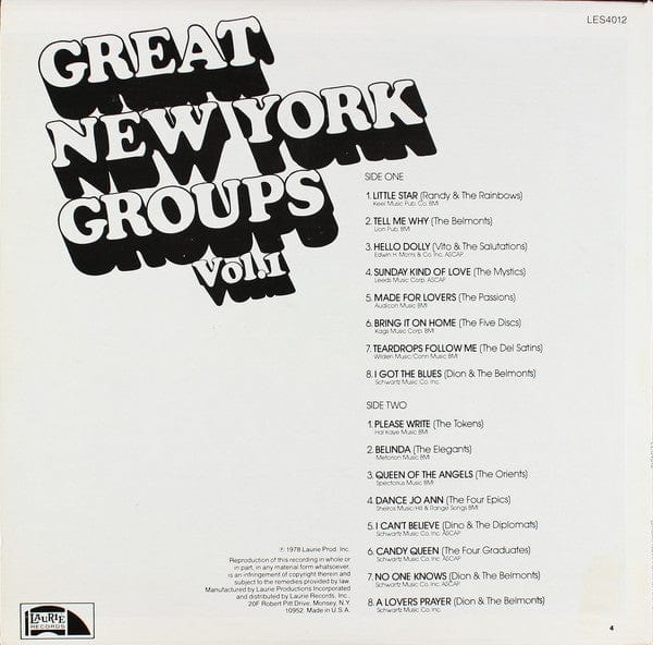 Various – Great New York Groups Vol.1 (LP, Laurie Records, 1978) Back Cover