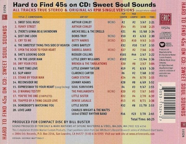Various - Hard To Find 45s On CD: Sweet Soul Sounds (CD) Eric Records,Eric Records CD 730531152427