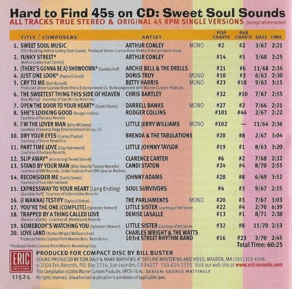 Various - Hard To Find 45s On CD: Sweet Soul Sounds (CD) Eric Records,Eric Records CD 730531152427