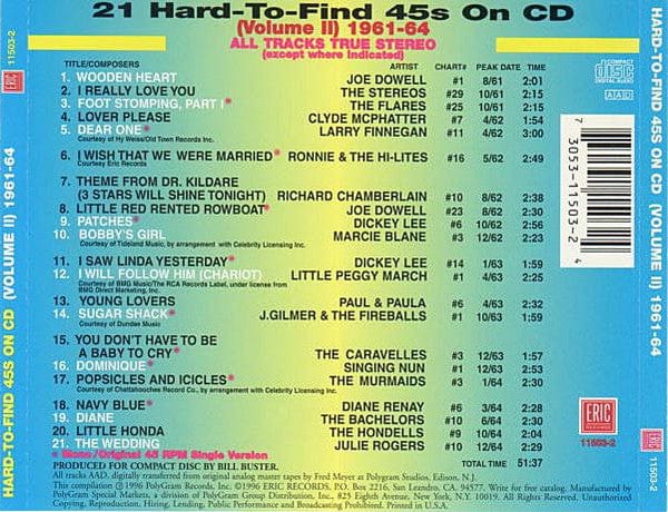 Various - Hard-To-Find 45s On CD Vol. II (1961-64) (CD) Eric Records CD 730531150324