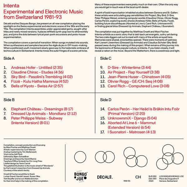 Various – Intenta: Experimental And Electronic Music From Switzerland 1981-93 (2xLP, Les Disques Bongo Joe, 2020) Back Cover