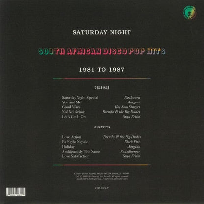 Various – Saturday Night (South African Disco Pop Hits 1981 To 1987) (LP, Cultures Of Soul Records, 2021) Back Cover