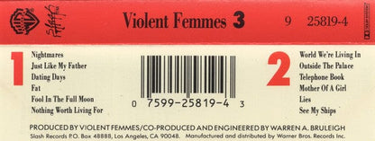 Violent Femmes - 3 (Cassette) Slash,Warner Bros. Records Cassette 075992581943