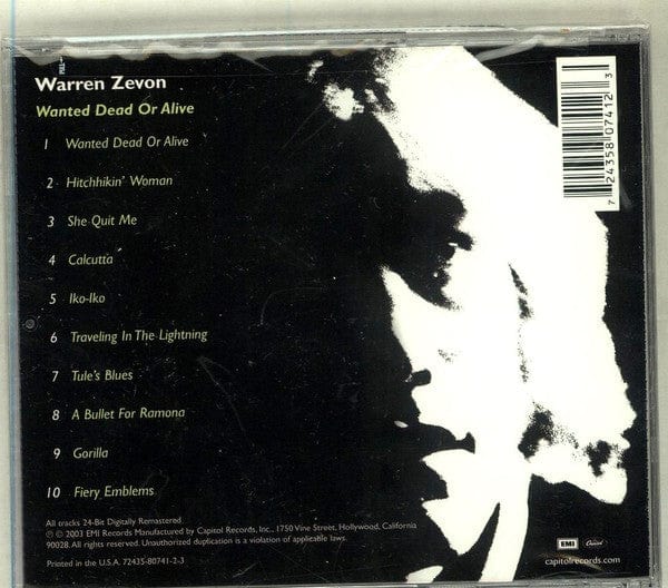 Zevon – Wanted Dead Or Alive (CD, Capitol Records, 2003) Back Cover