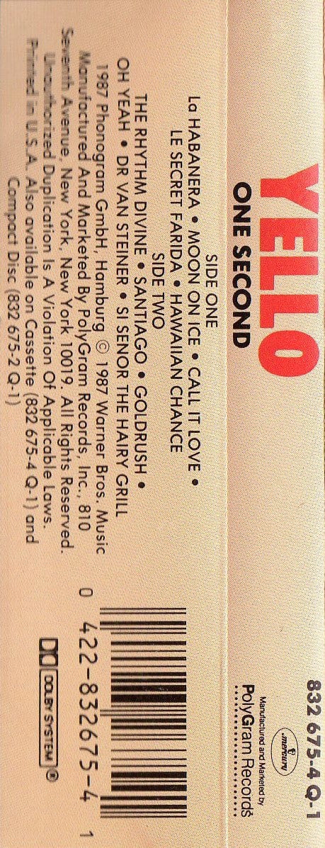 Yello - One Second (Cassette) Mercury,Mercury Cassette 042283267541