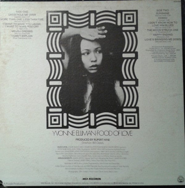 Yvonne Elliman – Food Of Love (LP, Gloversville Pressing, MCA Records, 1973) Back Cover